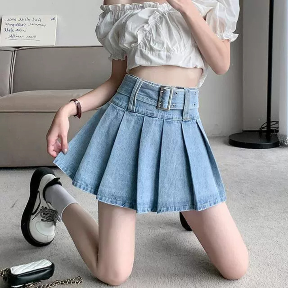 Zara Summer High Waist Pleated Denim Skirt